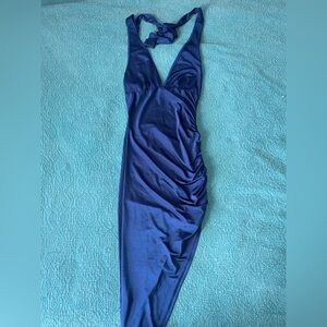 Zaful Blue Halter Neck Ruched Satin Dress